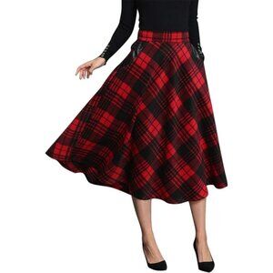 Womens Mid-calf Red Elastic Waist A-Line Pleated Tartan Long Plaid Wool Skirt